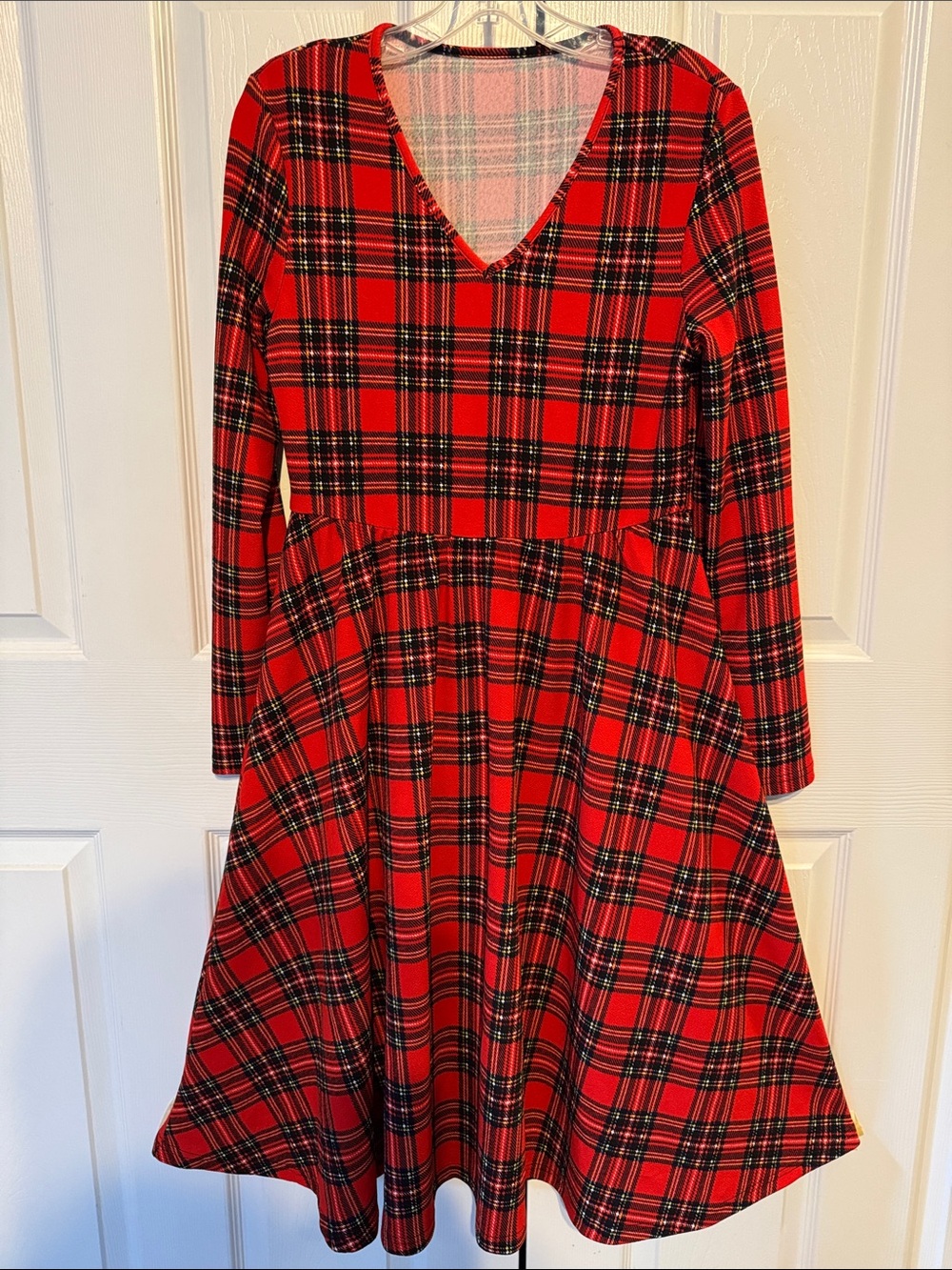 Women's Red Plaid Midi Length Dress with V-Neck